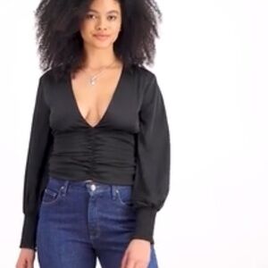 BAR III V-Neck Ruched Blouse size 0 Cupid Button Closure Long Sleeve black